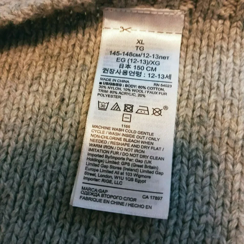 🥼👓Gap Kids XL Hoodie Poncho Cable Knit Heather Gray Faux Fur Trim Girls Winter